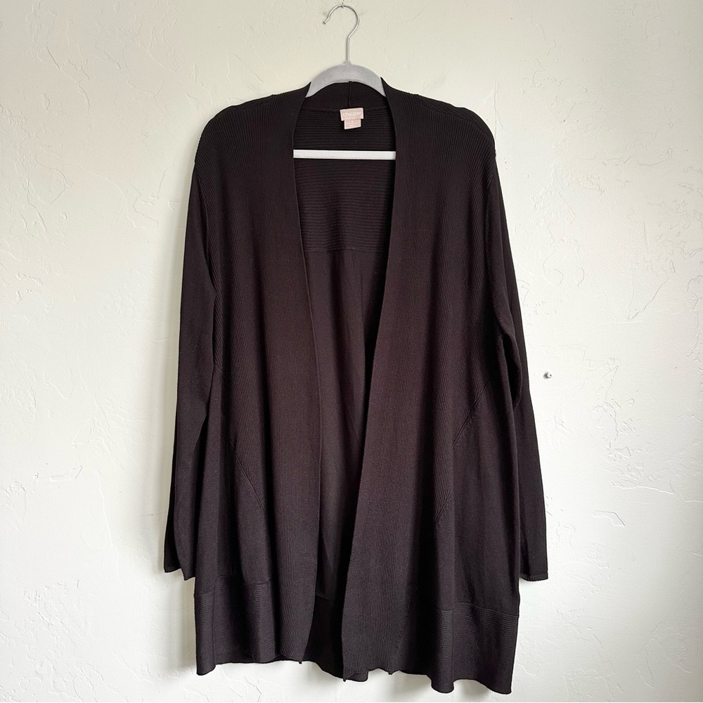 Chico's Women’s Luxe Black Open Front Mixed Ribbed Cardigan Sweater XL 16 EUC